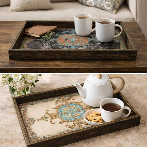 Decorative Serving Tray Set of 2 | Vintage Damask Patterns | Brown