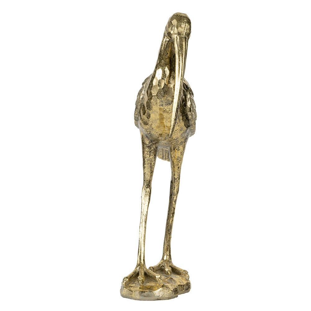 Standing Crane Figurine | 16" Antique Gold Resin | Textured Feathers
