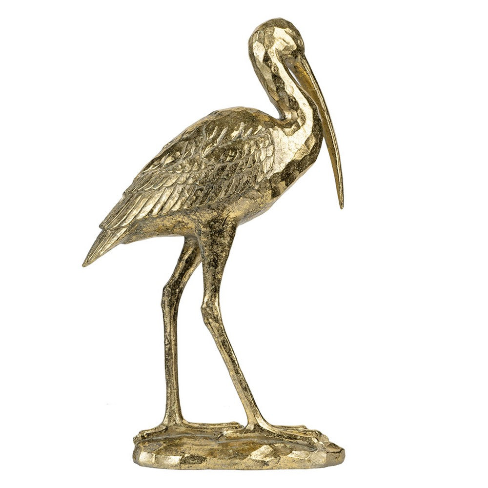 Standing Crane Figurine | 16" Antique Gold Resin | Textured Feathers