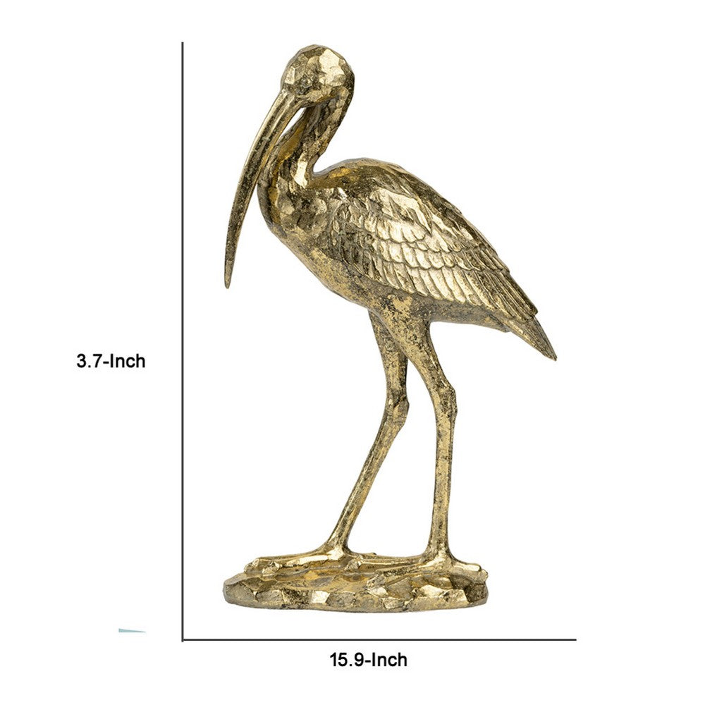 Standing Crane Figurine | 16" Antique Gold Resin | Textured Feathers