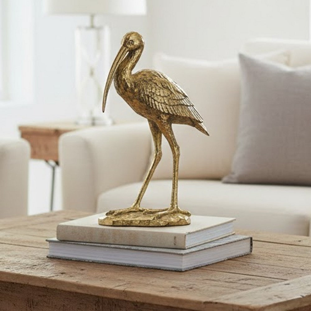 Standing Crane Figurine | 16" Antique Gold Resin | Textured Feathers