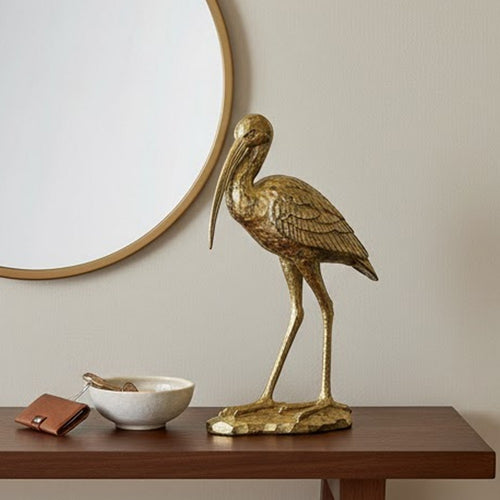 Standing Crane Figurine | 16" Antique Gold Resin | Textured Feathers