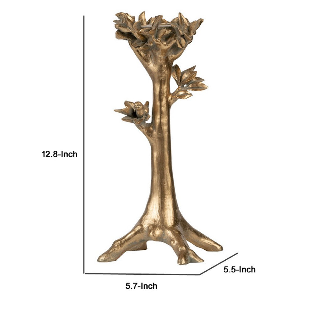 Tree Candle Holder Stand | 13" Decorative Design | Antique Gold Resin