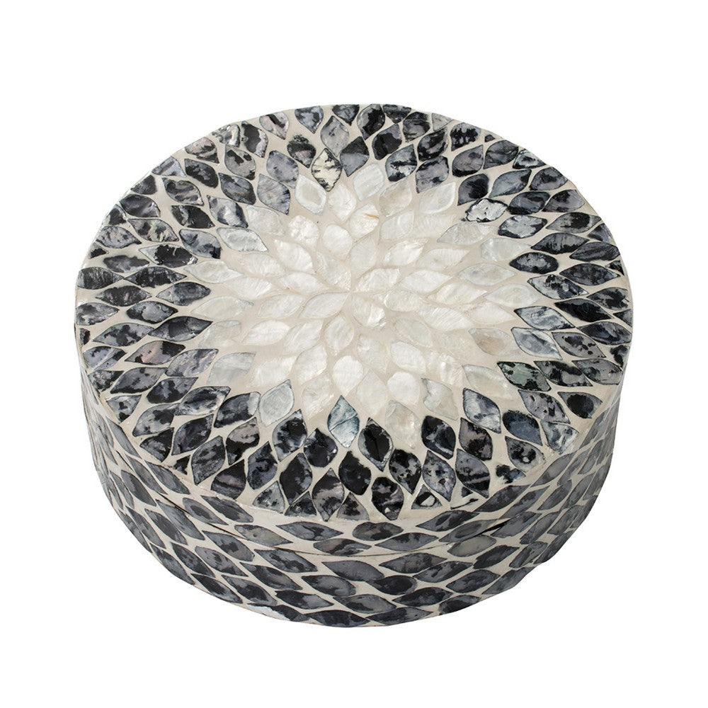Decorative Box | 10" Round White | Black Mother of Pearl Inlay | Capiz
