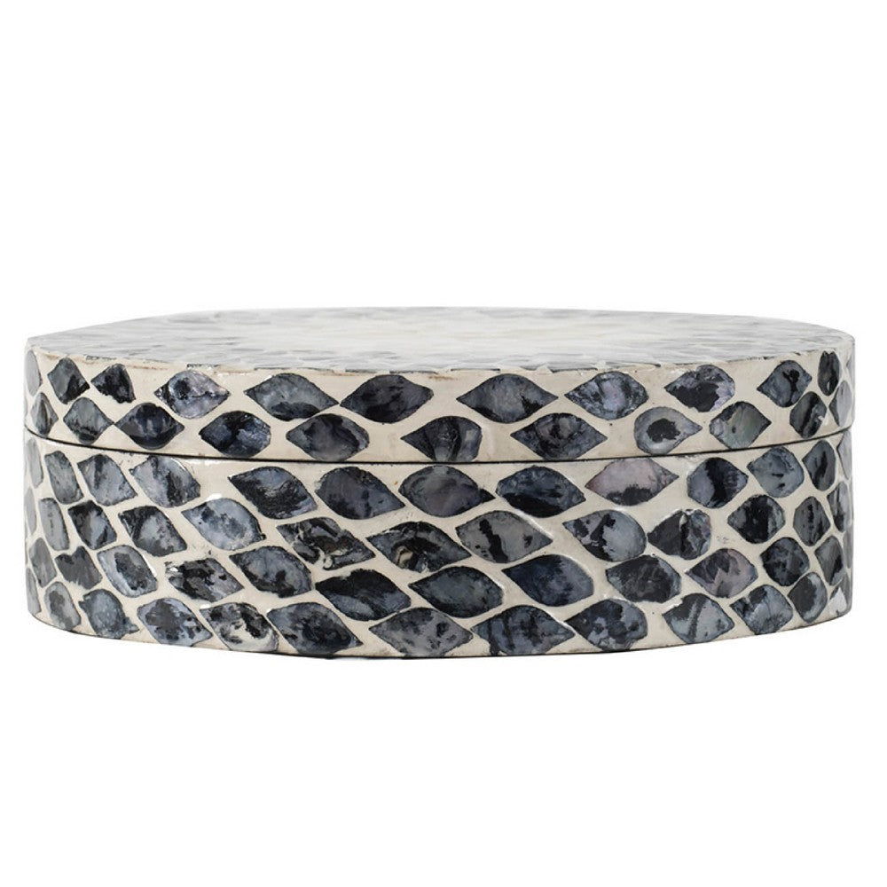 Decorative Box | 10" Round White | Black Mother of Pearl Inlay | Capiz