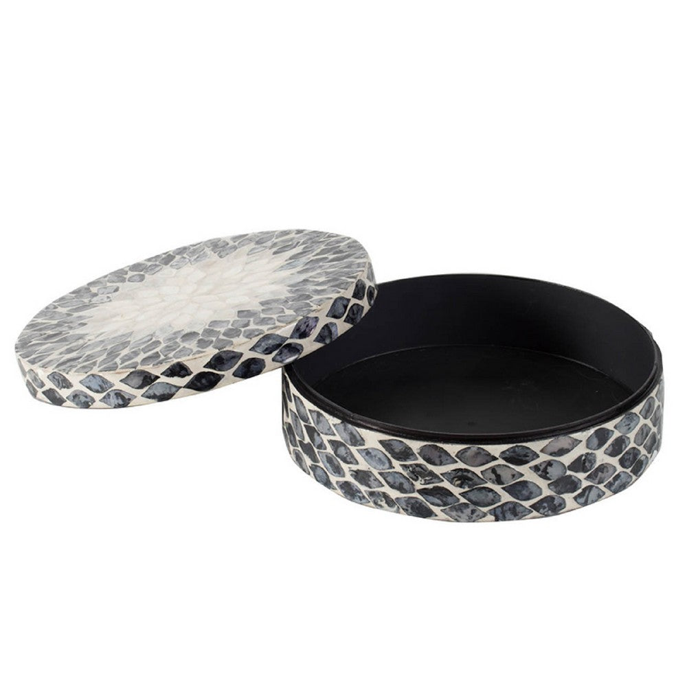 Decorative Box | 10" Round White | Black Mother of Pearl Inlay | Capiz
