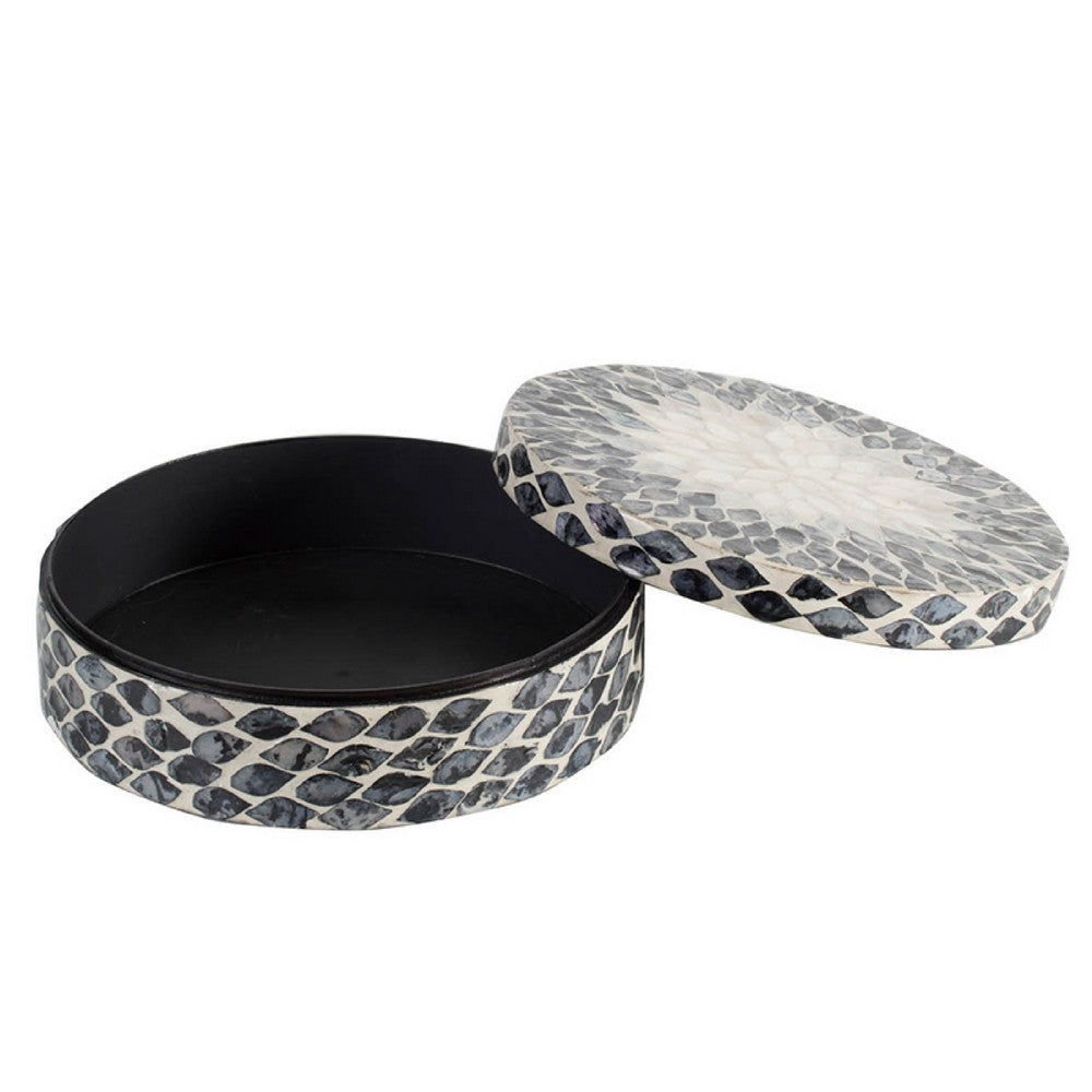 Decorative Box | 10" Round White | Black Mother of Pearl Inlay | Capiz