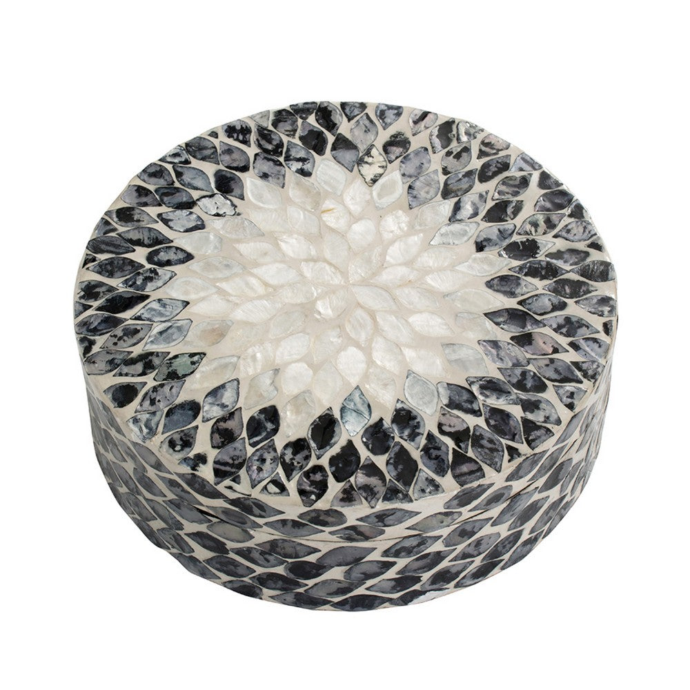 Decorative Box | 10" Round White | Black Mother of Pearl Inlay | Capiz