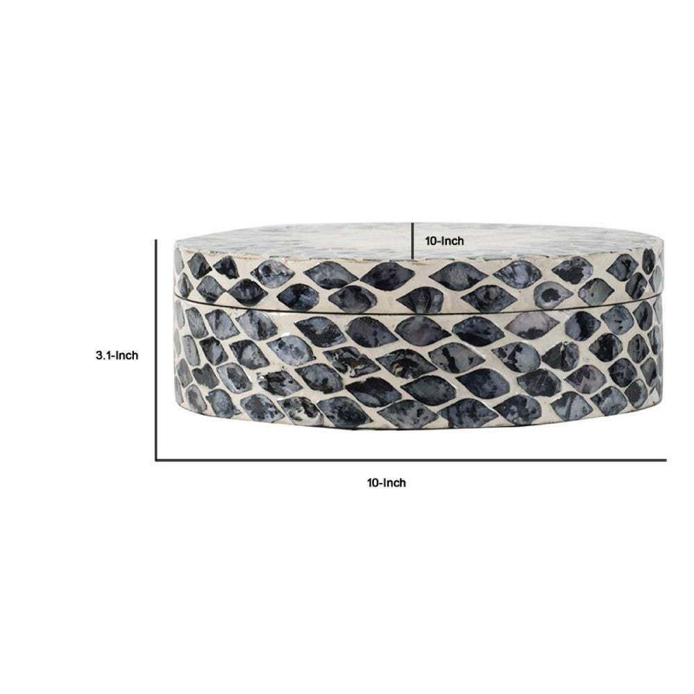 Decorative Box | 10" Round White | Black Mother of Pearl Inlay | Capiz