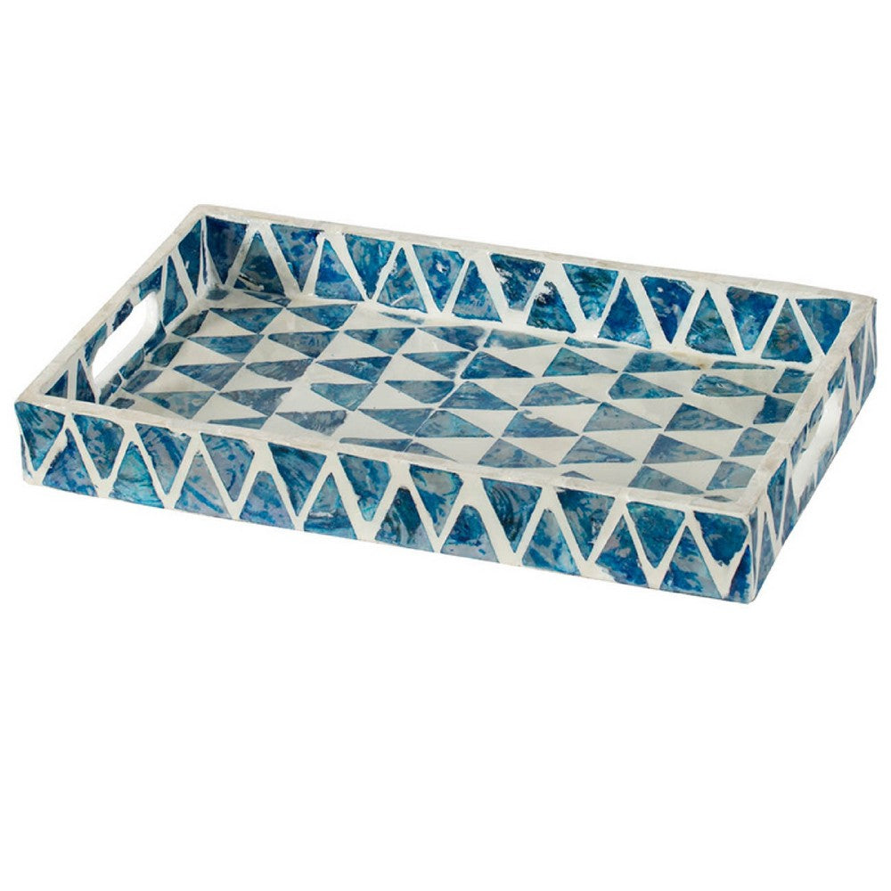 Decorative Tray | 14" Capiz Geometric Pattern | Retro Blue and White