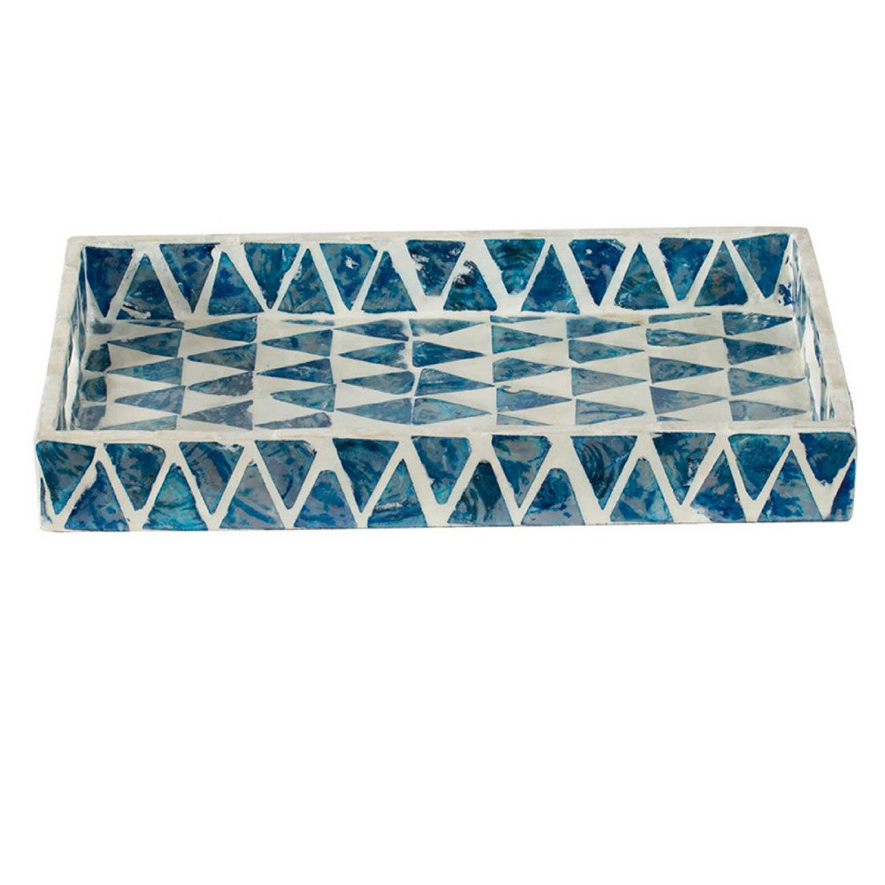 Decorative Tray | 14" Capiz Geometric Pattern | Retro Blue and White