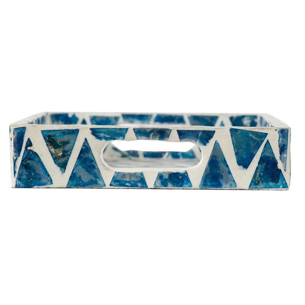 Decorative Tray | 14" Capiz Geometric Pattern | Retro Blue and White