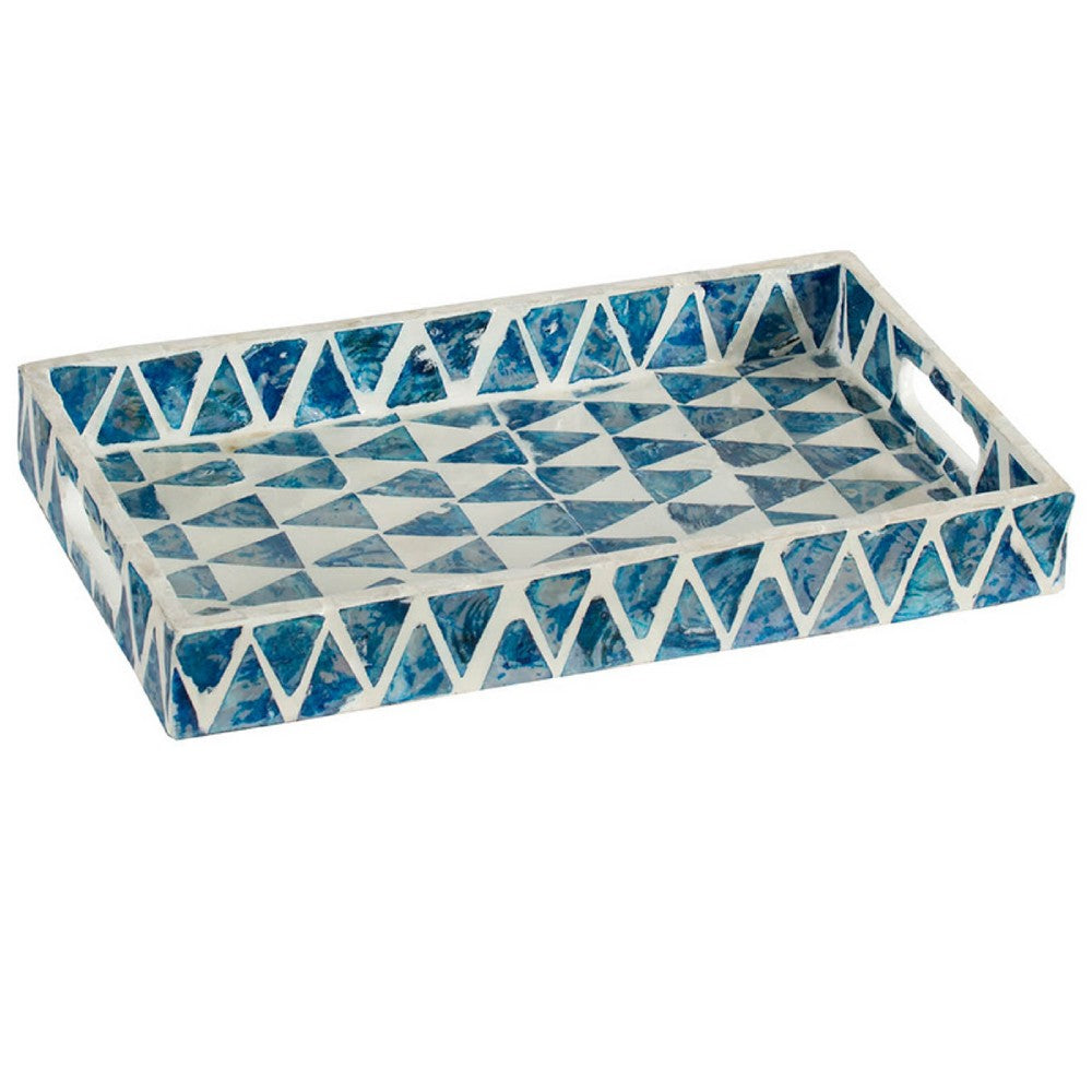Decorative Tray | 14" Capiz Geometric Pattern | Retro Blue and White