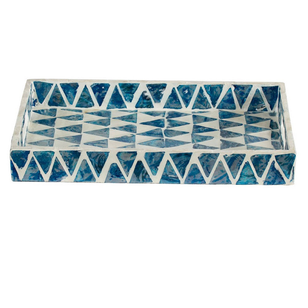 Decorative Tray | 14" Capiz Geometric Pattern | Retro Blue and White