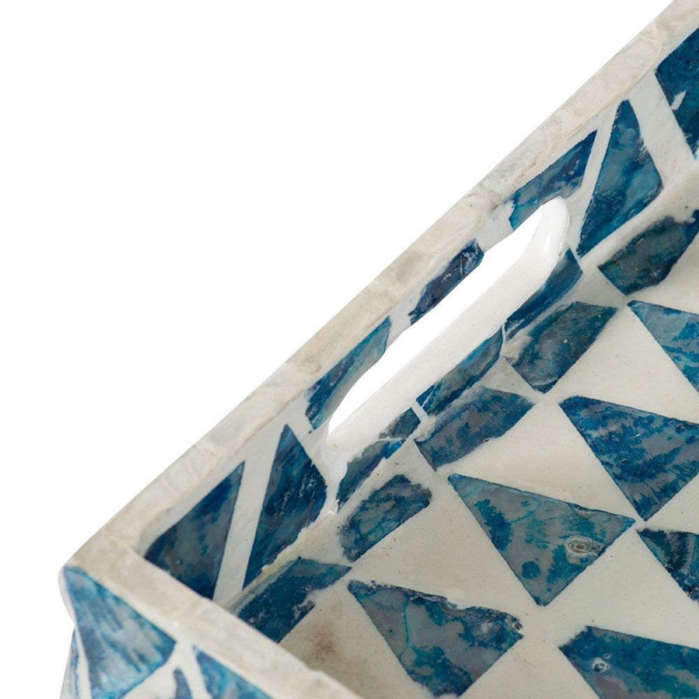 Decorative Tray | 14" Capiz Geometric Pattern | Retro Blue and White
