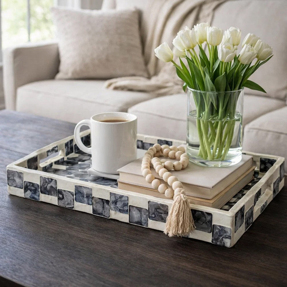 Decorative Tray | 14" Capiz Checkered Pattern | Retro Black and White