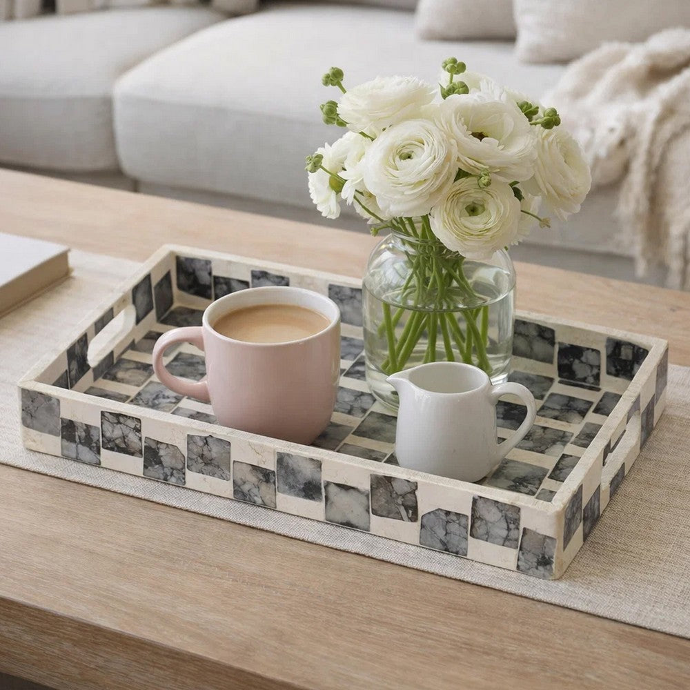 Decorative Tray | 14" Capiz Checkered Pattern | Retro Black and White