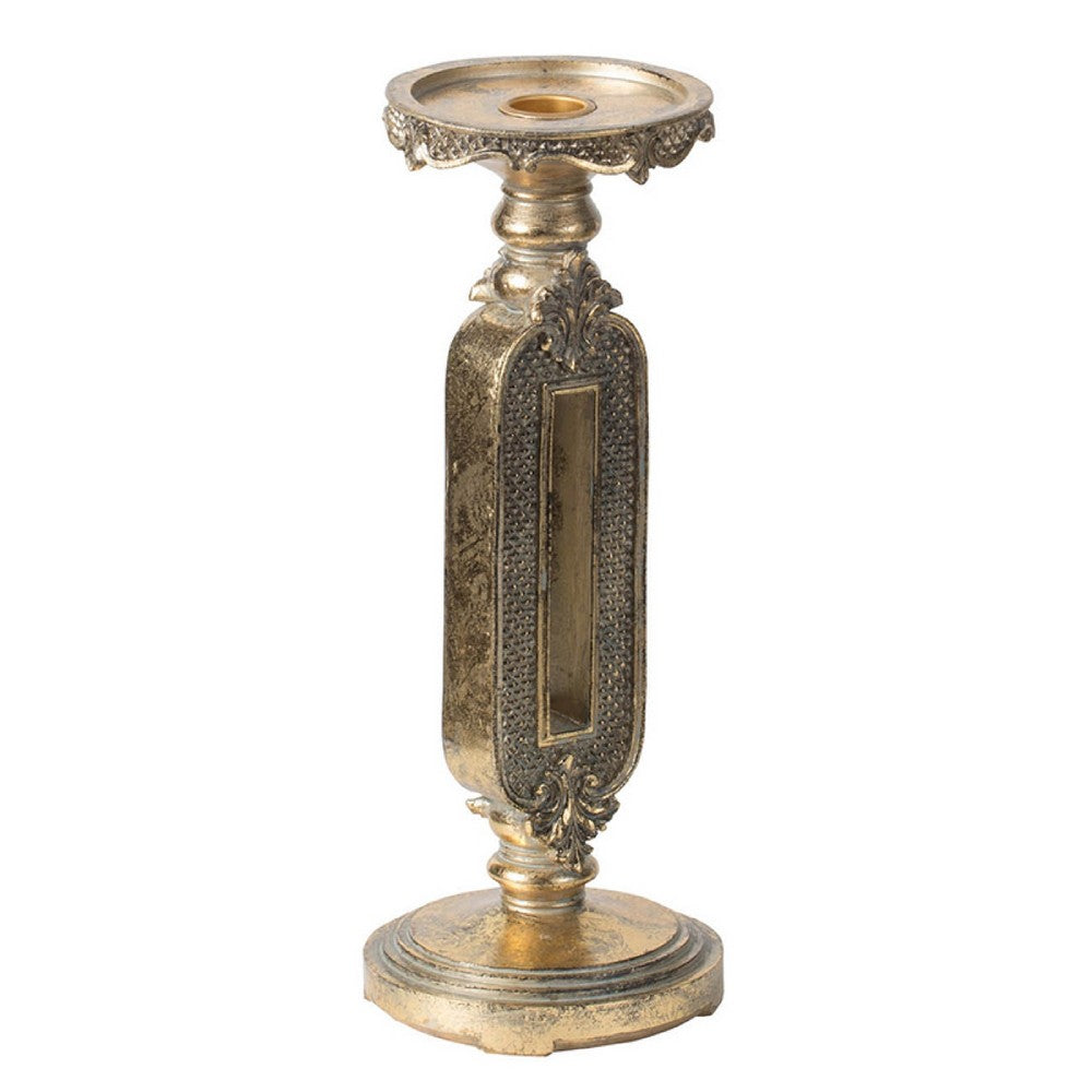 Candle Holder | Antique Gold Tabletop Accent | 11" Classic Keyhole Stem