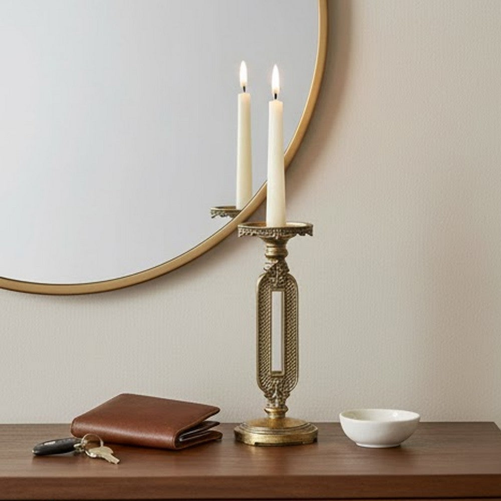 Candle Holder | Antique Gold Tabletop Accent | 11" Classic Keyhole Stem