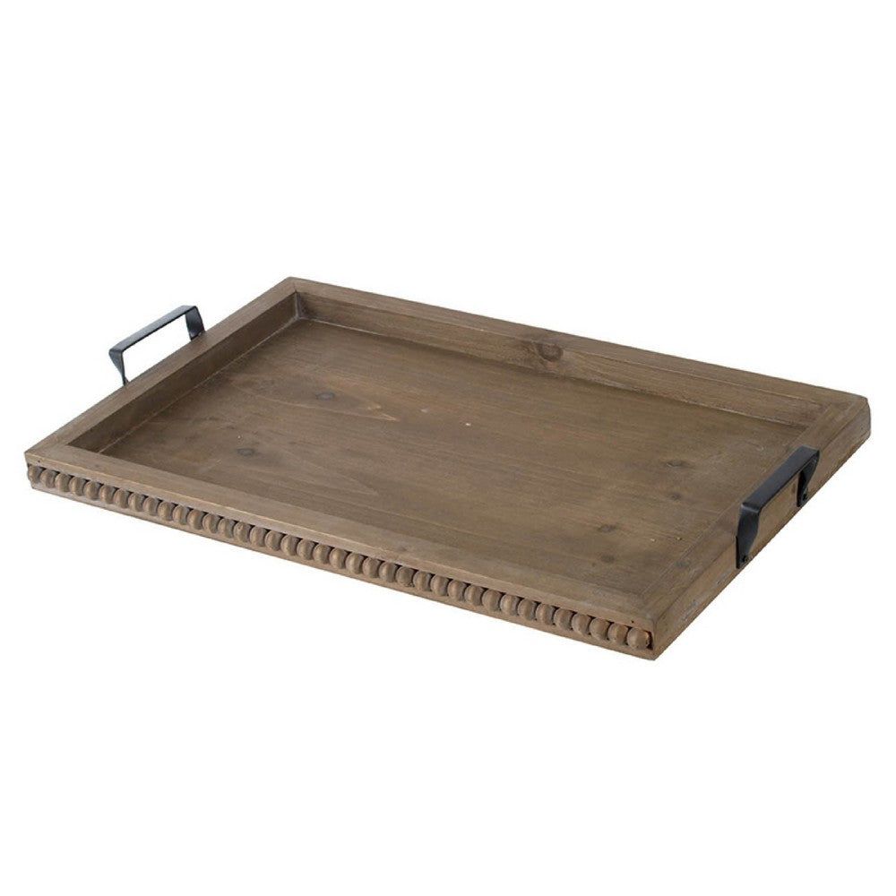 Liy 24" Decorative Serving Tray | Beaded Fir Wood Frame | Metal Handles