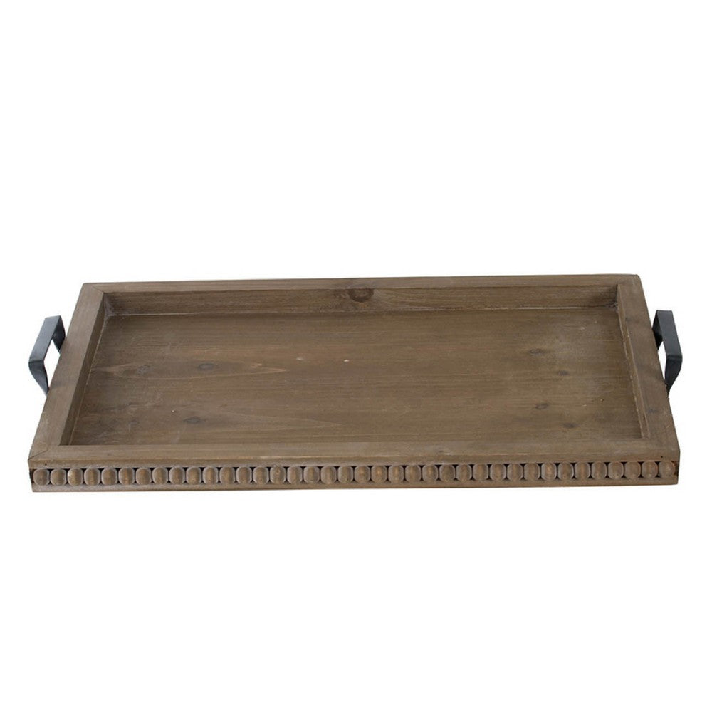 Liy 24" Decorative Serving Tray | Beaded Fir Wood Frame | Metal Handles