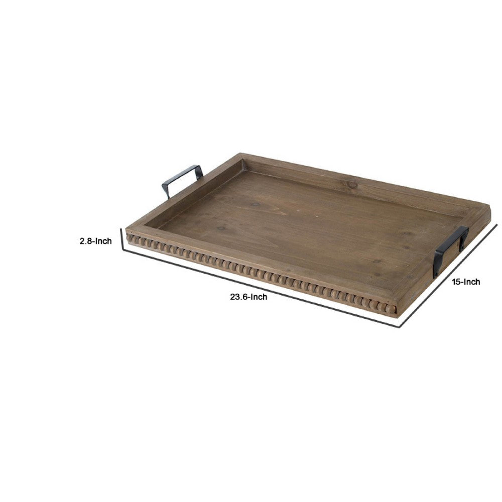 Liy 24" Decorative Serving Tray | Beaded Fir Wood Frame | Metal Handles