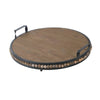 Liy 18" Round Serving Tray | Beaded Brown Fir Wood | Metal Handles
