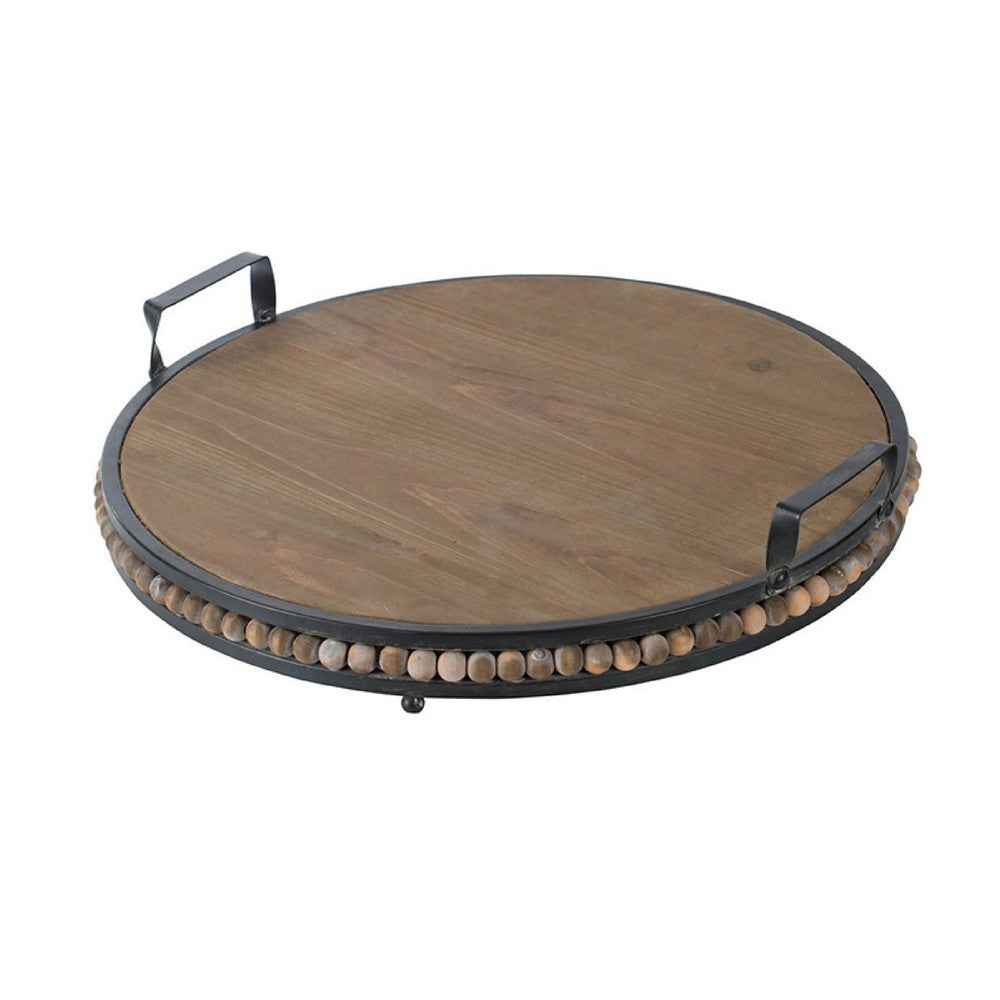 Liy 18" Round Serving Tray | Beaded Brown Fir Wood | Metal Handles