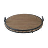 Liy 18" Round Serving Tray | Beaded Brown Fir Wood | Metal Handles