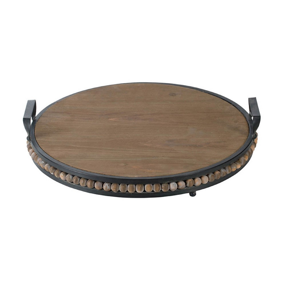 Liy 18" Round Serving Tray | Beaded Brown Fir Wood | Metal Handles