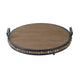 Liy 18" Round Serving Tray | Beaded Brown Fir Wood | Metal Handles