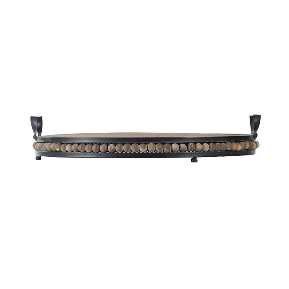 Liy 18" Round Serving Tray | Beaded Brown Fir Wood | Metal Handles