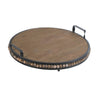 Liy 18" Round Serving Tray | Beaded Brown Fir Wood | Metal Handles