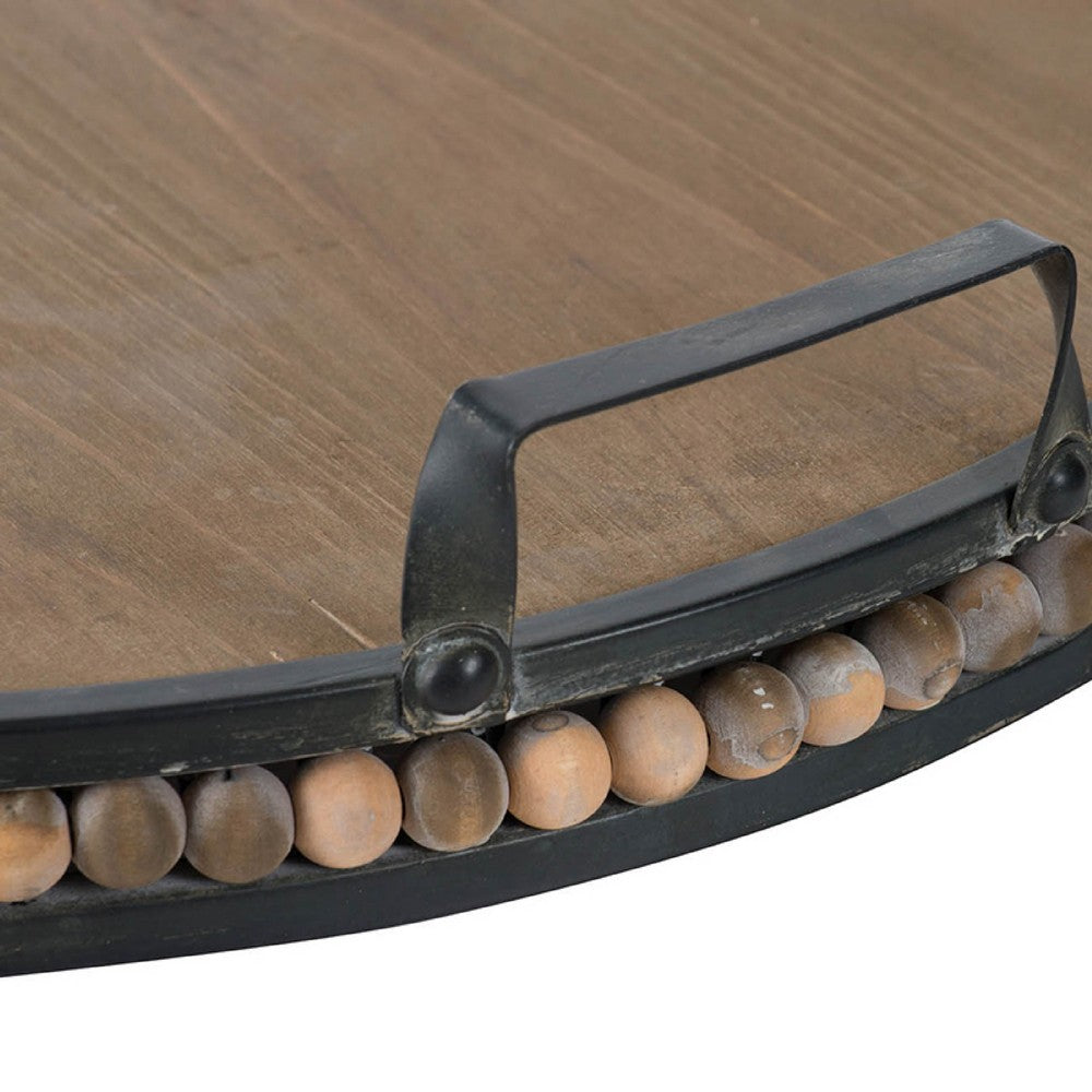 Liy 18" Round Serving Tray | Beaded Brown Fir Wood | Metal Handles