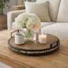 Liy 18" Round Serving Tray | Beaded Brown Fir Wood | Metal Handles