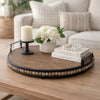Liy 18" Round Serving Tray | Beaded Brown Fir Wood | Metal Handles