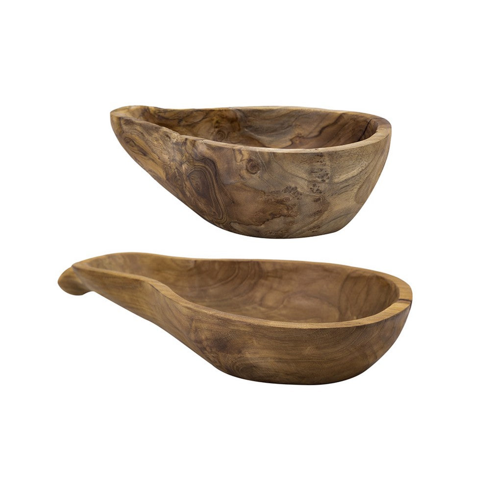 Decorative Accent Gourd Shaped Bowl Set of 2 | Natural Brown Teak Wood