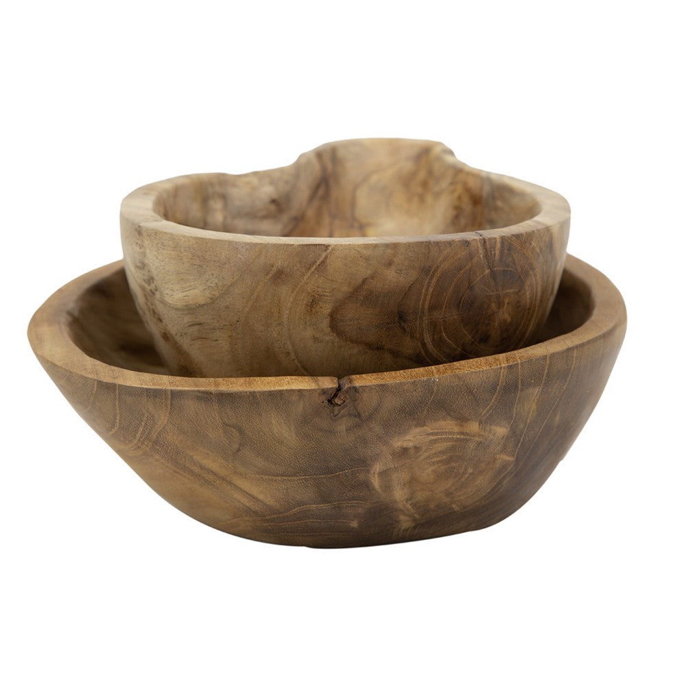 Decorative Accent Gourd Shaped Bowl Set of 2 | Natural Brown Teak Wood