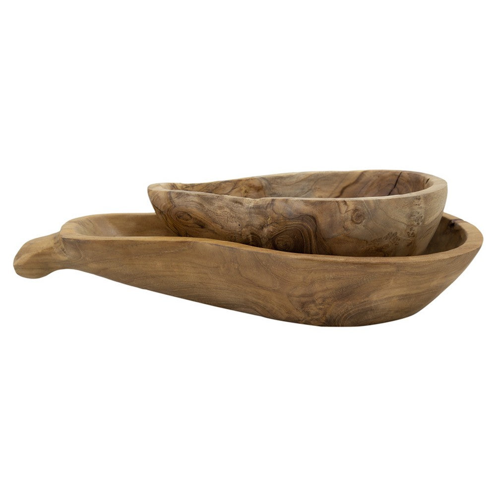 Decorative Accent Gourd Shaped Bowl Set of 2 | Natural Brown Teak Wood