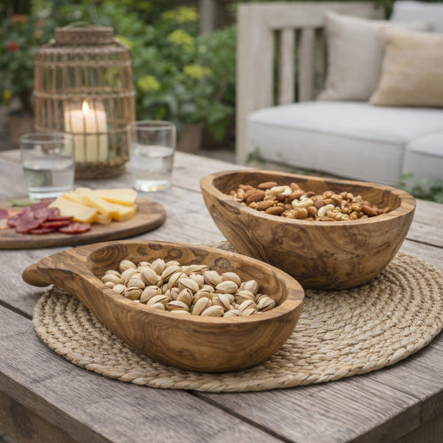 Decorative Accent Gourd Shaped Bowl Set of 2 | Natural Brown Teak Wood