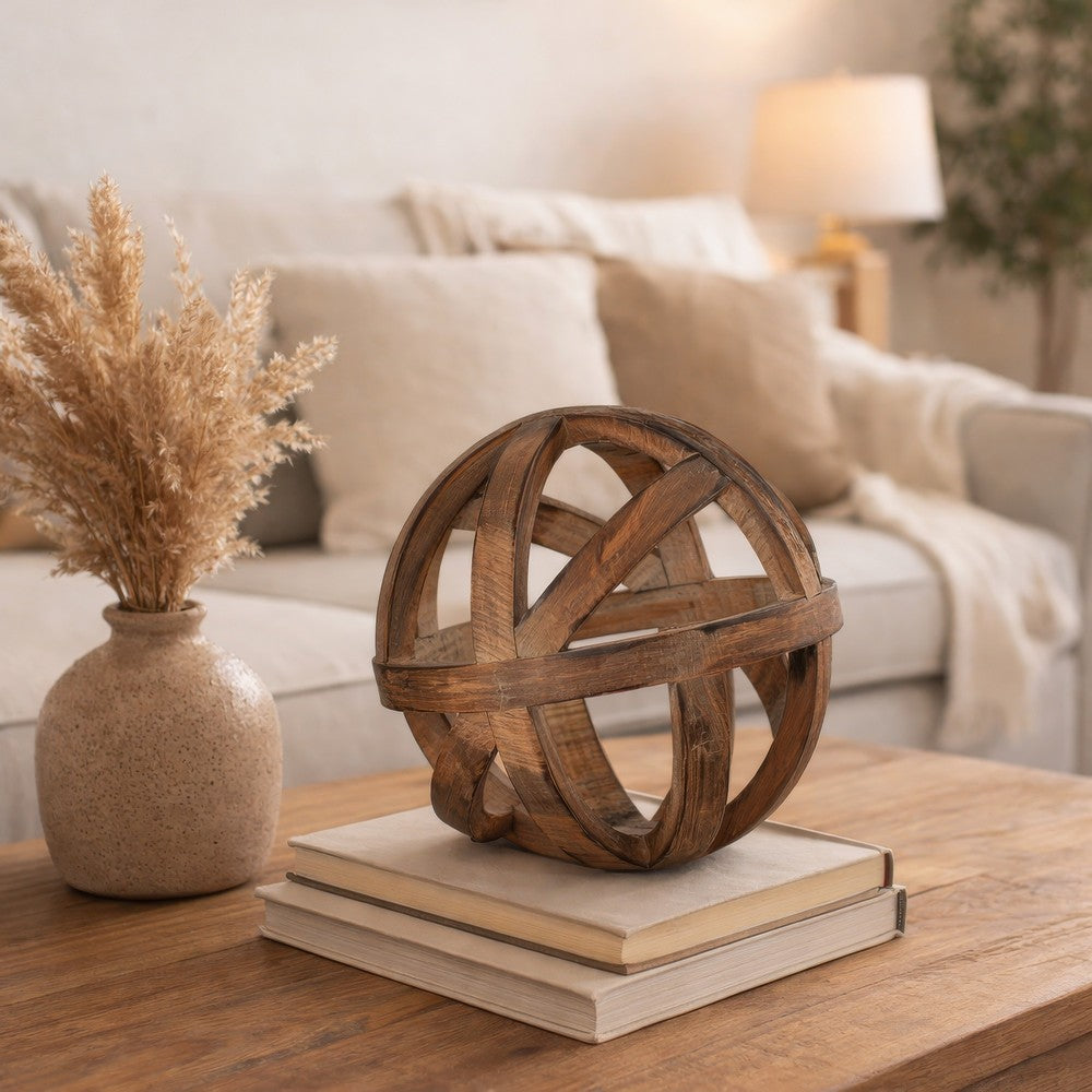 Decorative Orb Ball Wheel | 10" Natural Brown Carved Fir Wood
