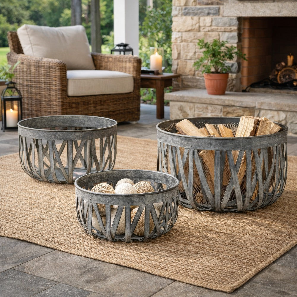 Decorative Accent Storage Baskets Set of 3 | Intricate Gray Open Iron