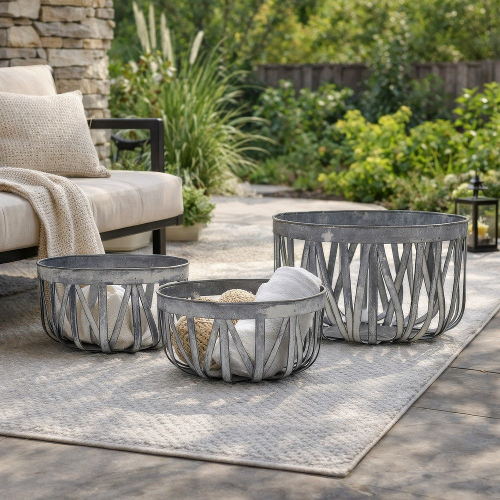 Decorative Accent Storage Baskets Set of 3 | Intricate Gray Open Iron