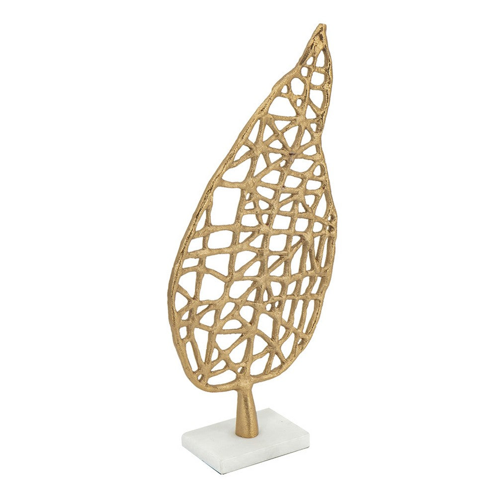 Leaf Tabletop Decor Sculpture | 16" Gold Metal on White Marble Base