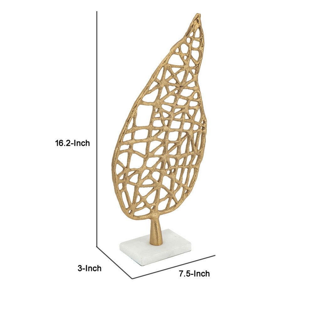 Leaf Tabletop Decor Sculpture | 16" Gold Metal on White Marble Base