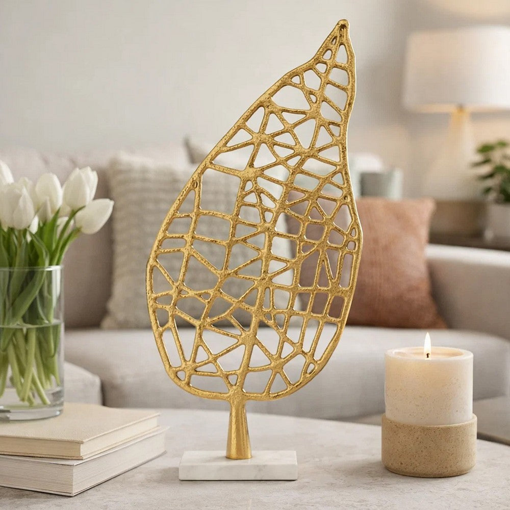 Leaf Tabletop Decor Sculpture | 16" Gold Metal on White Marble Base