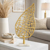 Leaf Tabletop Decor Sculpture | 16" Gold Metal on White Marble Base