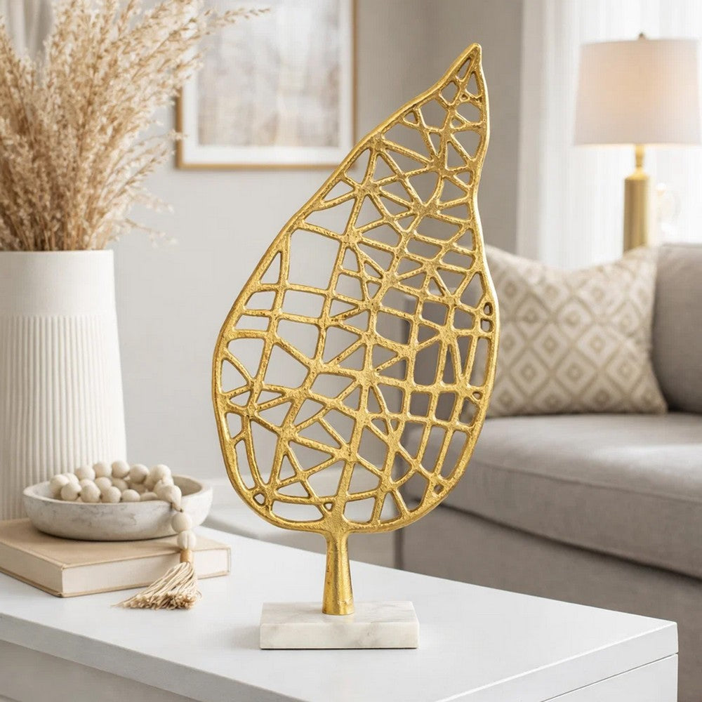 Leaf Tabletop Decor Sculpture | 16" Gold Metal on White Marble Base