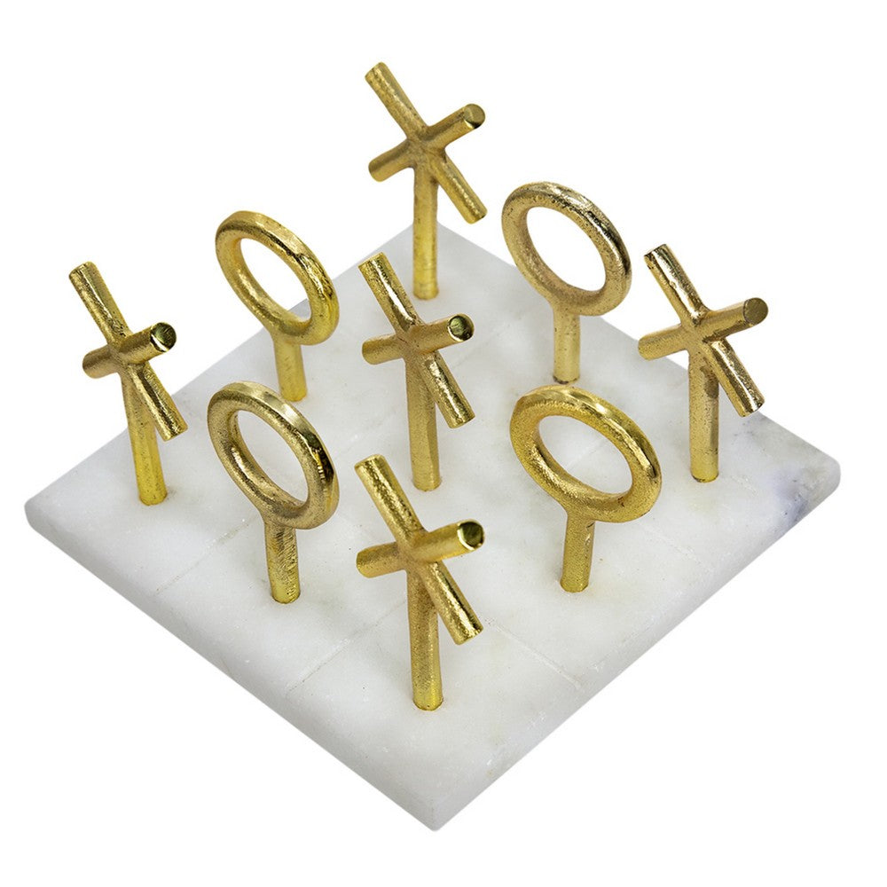 Tic Tac Toe Game Set | 7" Gold Iron Decor | Luxe White Banswara Marble