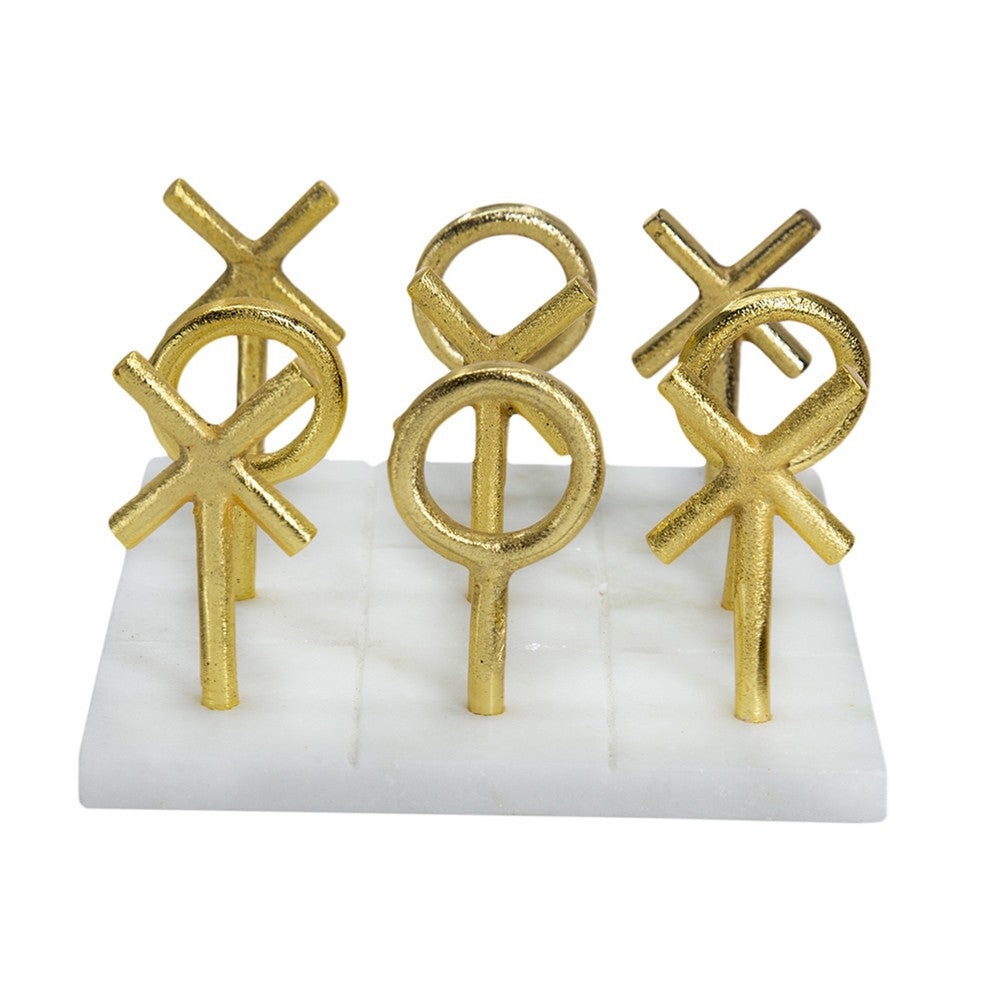 Tic Tac Toe Game Set | 7" Gold Iron Decor | Luxe White Banswara Marble